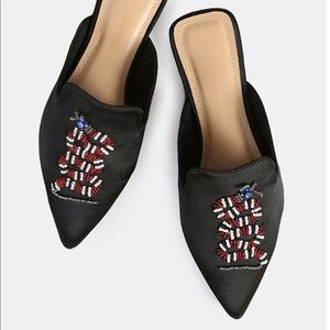 Satin beaded snake mules